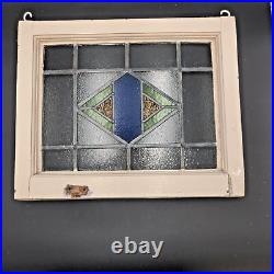 Leaded Blue Gold & Green Small Stained Glass Wood Framed Attic Gable Window