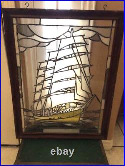 Leaded Glass Window Hanging Panel Grand Sailing Ship in Wood Frame 26.5 X 20