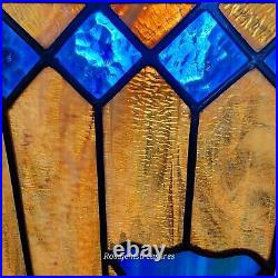 Leaded Slag Stained Glass 26x20 Wood Frame Shield Crest/Badge, Amber/Blue