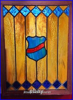 Leaded Slag Stained Glass 26x20 Wood Frame Shield Crest/Badge, Amber/Blue
