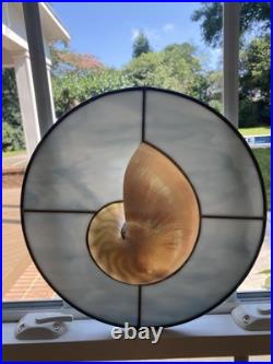 Leaded Stained Glass with inlaid Nautilus Shell 12 Wide Handmade Work of Art
