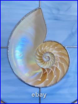 Leaded Stained Glass with inlaid Nautilus Shell 12 Wide Handmade Work of Art