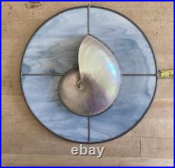 Leaded Stained Glass with inlaid Nautilus Shell 12 Wide Handmade Work of Art