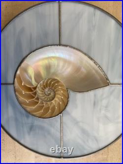 Leaded Stained Glass with inlaid Nautilus Shell 12 Wide Handmade Work of Art