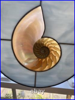 Leaded Stained Glass with inlaid Nautilus Shell 12 Wide Handmade Work of Art