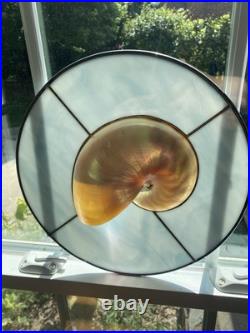 Leaded Stained Glass with inlaid Nautilus Shell 12 Wide Handmade Work of Art