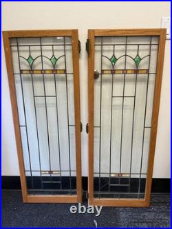 Lot of 2 Antique Oak Leaded Glass Cabinet Doors Stained Glass Windows