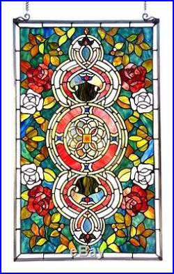 MANDALA LOTUS BLOSSOM VICTORIAN FLORAL ROSES 20x32 STAINED GLASS WINDOW PANEL