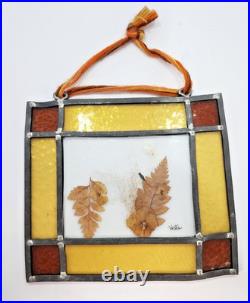 MCM Vintage Pressed Flowers Stained Glass 8 X 7 Home Window Decor brown orange