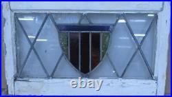 MIDSIZE OLD ENGLISH LEADED STAINED GLASS WINDOW Cute Shield 25.5 x 15