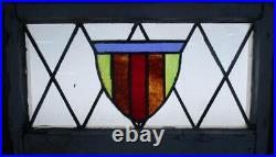 MIDSIZE OLD ENGLISH LEADED STAINED GLASS WINDOW Cute Shield 25.5 x 15