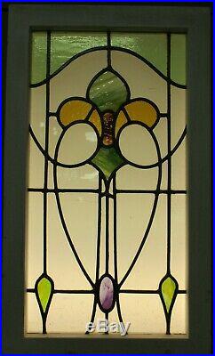 MIDSIZE OLD ENGLISH LEADED STAINED GLASS WINDOW Fleur De Lis 17.35 x 27.25