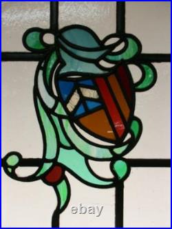 MIDSIZE OLD ENGLISH LEADED STAINED GLASS WINDOW Shield & Helmet 15.5 x 30.75