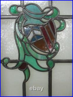 MIDSIZE OLD ENGLISH LEADED STAINED GLASS WINDOW Shield & Helmet 15.5 x 30.75