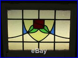 MID SIZED OLD ENGLISH LEADED STAINED GLASS WINDOW Floral Shield 24.25 x 17.75