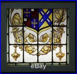 MID SIZE OLD ENGLISH LEAD STAINED GLASS WINDOW Hand Painted Shield 24 x 22.5