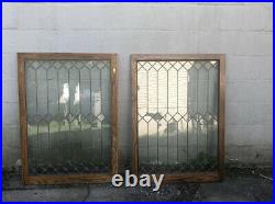 Matched Pair Salvaged Leaded Glass Oak Cabinet Doors/Windows 44.5 X 32