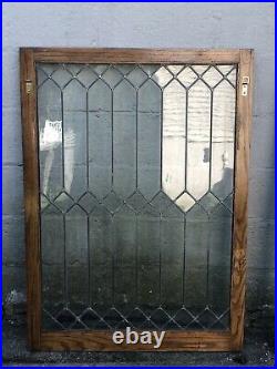 Matched Pair Salvaged Leaded Glass Oak Cabinet Doors/Windows 44.5 X 32
