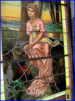 Monumental Jeweled Antique Stained Glass Window Of Greek Goddess Persephone