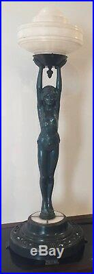 Nice 1930's Art Deco Everlite Nude Figural Lamp With Lighted Leaded Glass Base