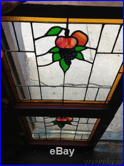 Nice Pair of Antique Grape & Fruit Stained Leaded Glass Windows 23 by 23
