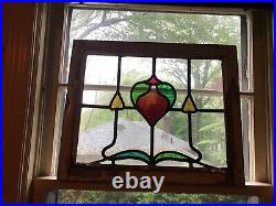 OLD ENGLISH LEADED STAINED GLASS WINDOW Colorful Geometric 22 x 18 x 1.5