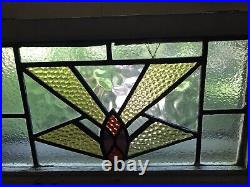 OLD ENGLISH LEADED STAINED GLASS WINDOW Colorful Geometric 24 x 14 x 2