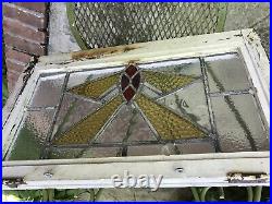 OLD ENGLISH LEADED STAINED GLASS WINDOW Colorful Geometric 24 x 14 x 2