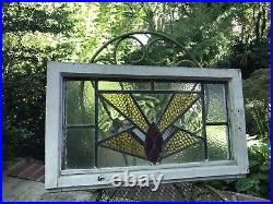 OLD ENGLISH LEADED STAINED GLASS WINDOW Colorful Geometric 24 x 14 x 2