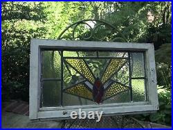 OLD ENGLISH LEADED STAINED GLASS WINDOW Colorful Geometric 24 x 14 x 2