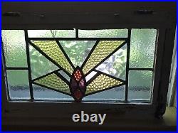 OLD ENGLISH LEADED STAINED GLASS WINDOW Colorful Geometric 24 x 14 x 2