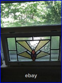 OLD ENGLISH LEADED STAINED GLASS WINDOW Colorful Geometric 24 x 14 x 2