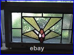 OLD ENGLISH LEADED STAINED GLASS WINDOW Colorful Geometric 24 x 14 x 2