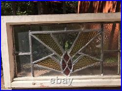 OLD ENGLISH LEADED STAINED GLASS WINDOW Colorful Geometric 24 x 14 x 2