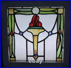OLD ENGLISH LEADED STAINED GLASS WINDOW Flaming Torch 18.25 x 17.75