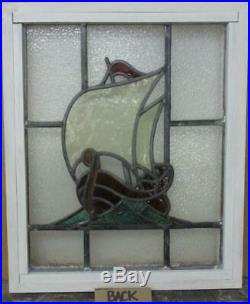 OLD ENGLISH LEADED STAINED GLASS WINDOW Gorgeous Ship Design 17.25 x 20.75