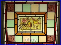 OLD ENGLISH LEADED STAINED GLASS WINDOW Hand Painted Birds 22 x 22