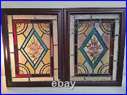OLD ENGLISH LEADED STAINED GLASS WINDOW Hand Painted Floral 17 x 13 Pair