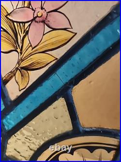 OLD ENGLISH LEADED STAINED GLASS WINDOW Hand Painted Floral 17 x 13 Pair