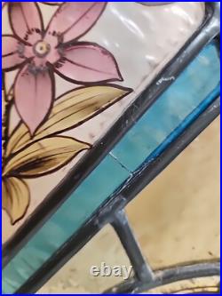 OLD ENGLISH LEADED STAINED GLASS WINDOW Hand Painted Floral 17 x 13 Pair