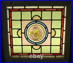 OLD ENGLISH LEADED STAINED GLASS WINDOW Hand Painted Floral 20.25 x 18.75