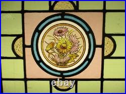 OLD ENGLISH LEADED STAINED GLASS WINDOW Hand Painted Floral 20.25 x 18.75