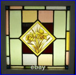 OLD ENGLISH LEADED STAINED GLASS WINDOW Hand Painted Floral 21 x 21