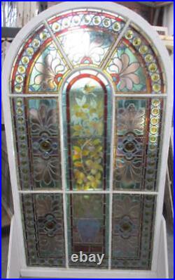 OLD ENGLISH LEADED STAINED GLASS WINDOW Hand Painted Flowerpot 38.5 x 70