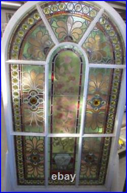 OLD ENGLISH LEADED STAINED GLASS WINDOW Hand Painted Flowerpot 38.5 x 70