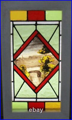 OLD ENGLISH LEADED STAINED GLASS WINDOW Hand Painted Scene 11.25 x 19.75