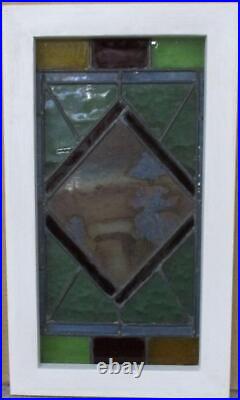 OLD ENGLISH LEADED STAINED GLASS WINDOW Hand Painted Scene 11.25 x 19.75