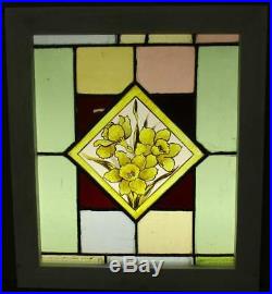 OLD ENGLISH LEADED STAINED GLASS WINDOW Handpainted Floral 18.75 x 21.5