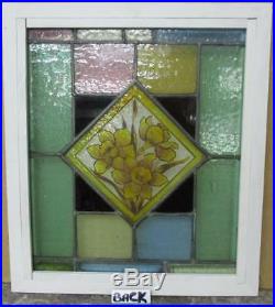 OLD ENGLISH LEADED STAINED GLASS WINDOW Handpainted Floral 18.75 x 21.5