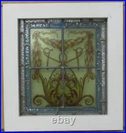 OLD ENGLISH LEADED STAINED GLASS WINDOW Handpainted Panel with Border 14 x 15